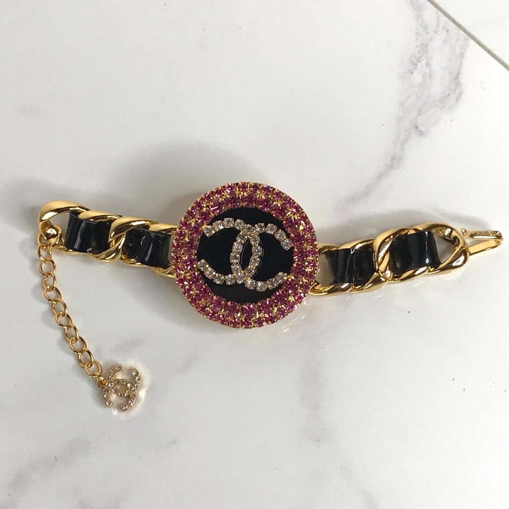 Vintage Chanel Pink Crystal Chain Logo Bracelet